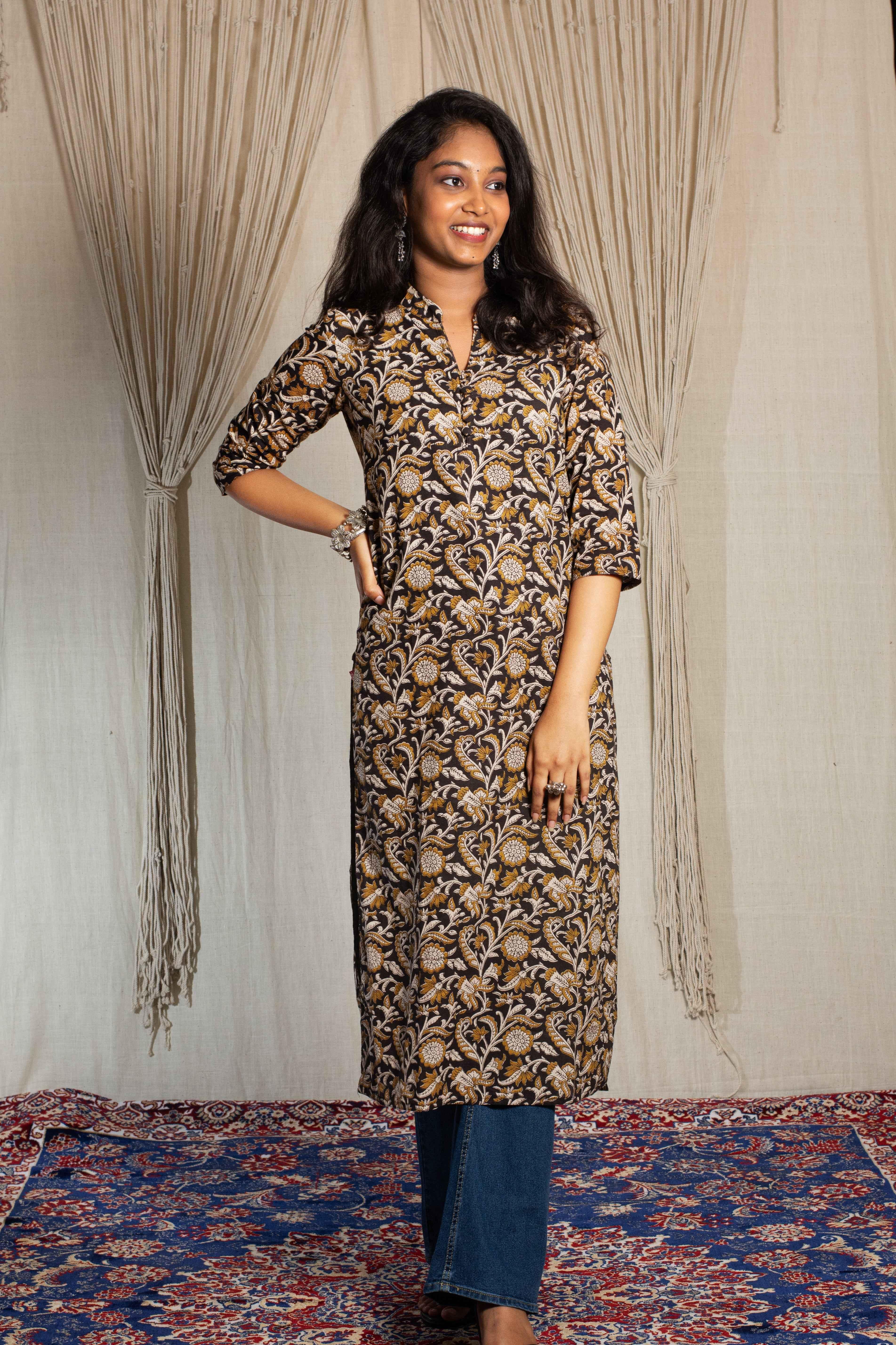 Kajal High Neck Kurti - Elegant Handblock Cotton Kurti - POP NAARI