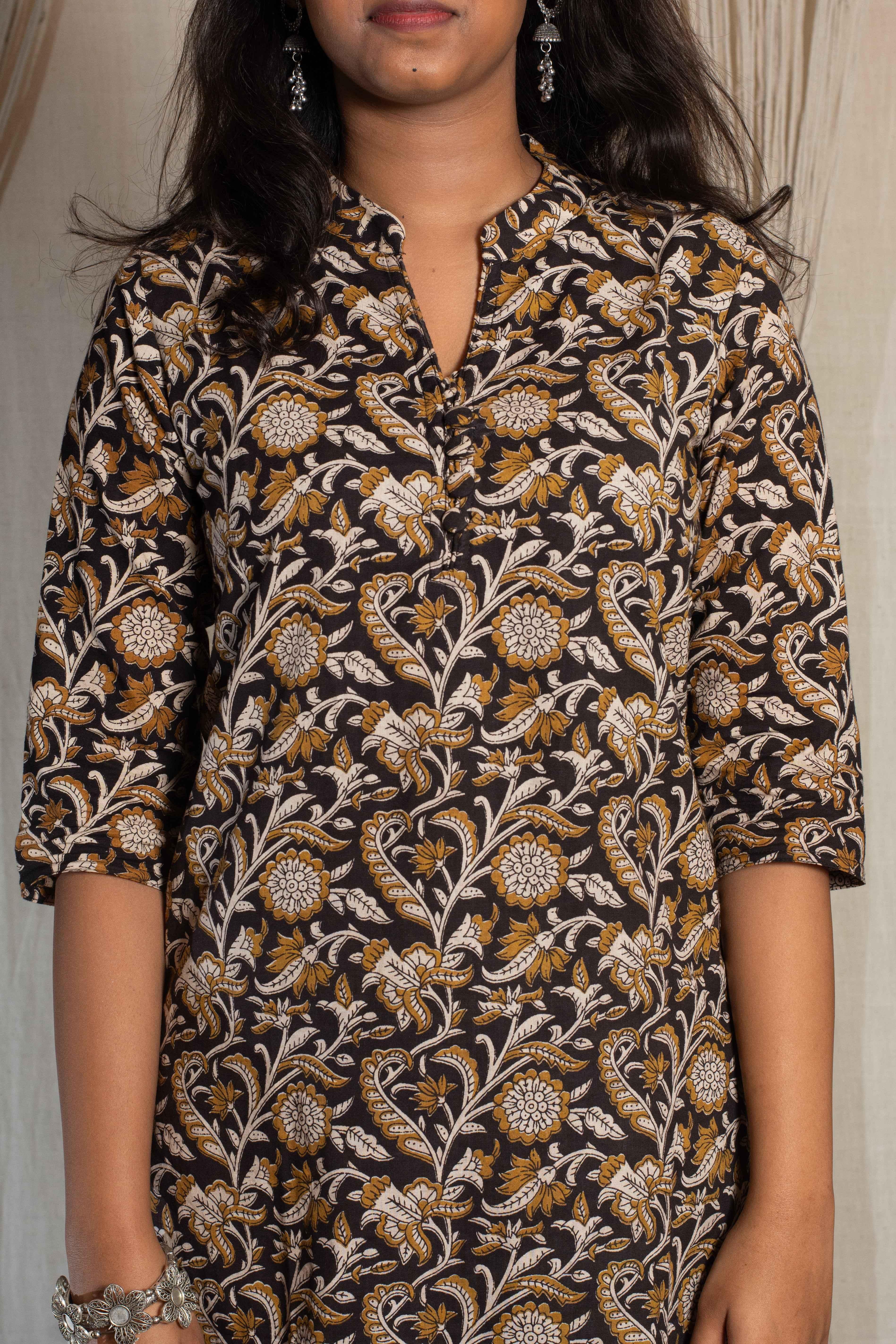 Kajal High Neck Kurti - Elegant Handblock Cotton Kurti - POP NAARI