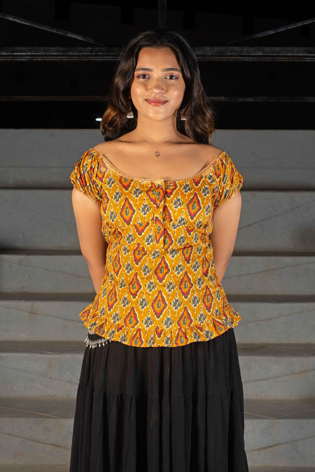 PopNaari Amhara yellow handblock cotton top front view