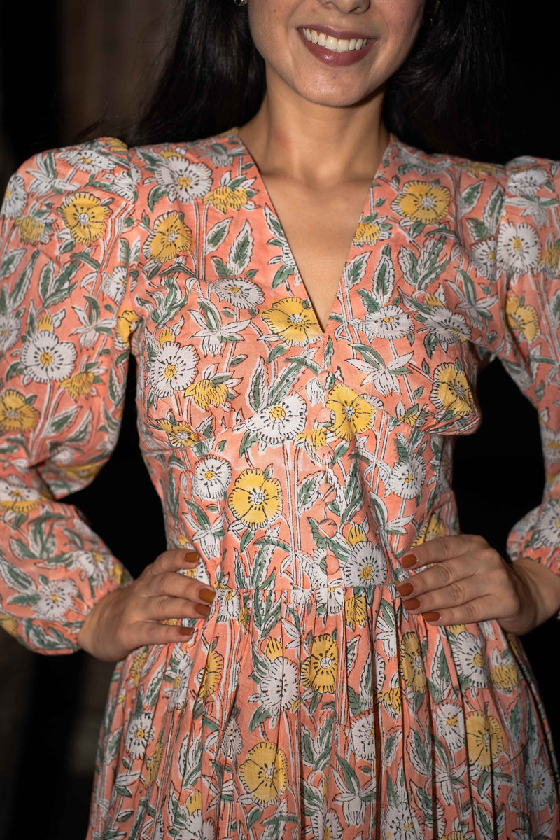 Princess Natasha Peach Handblock Cotton Dress