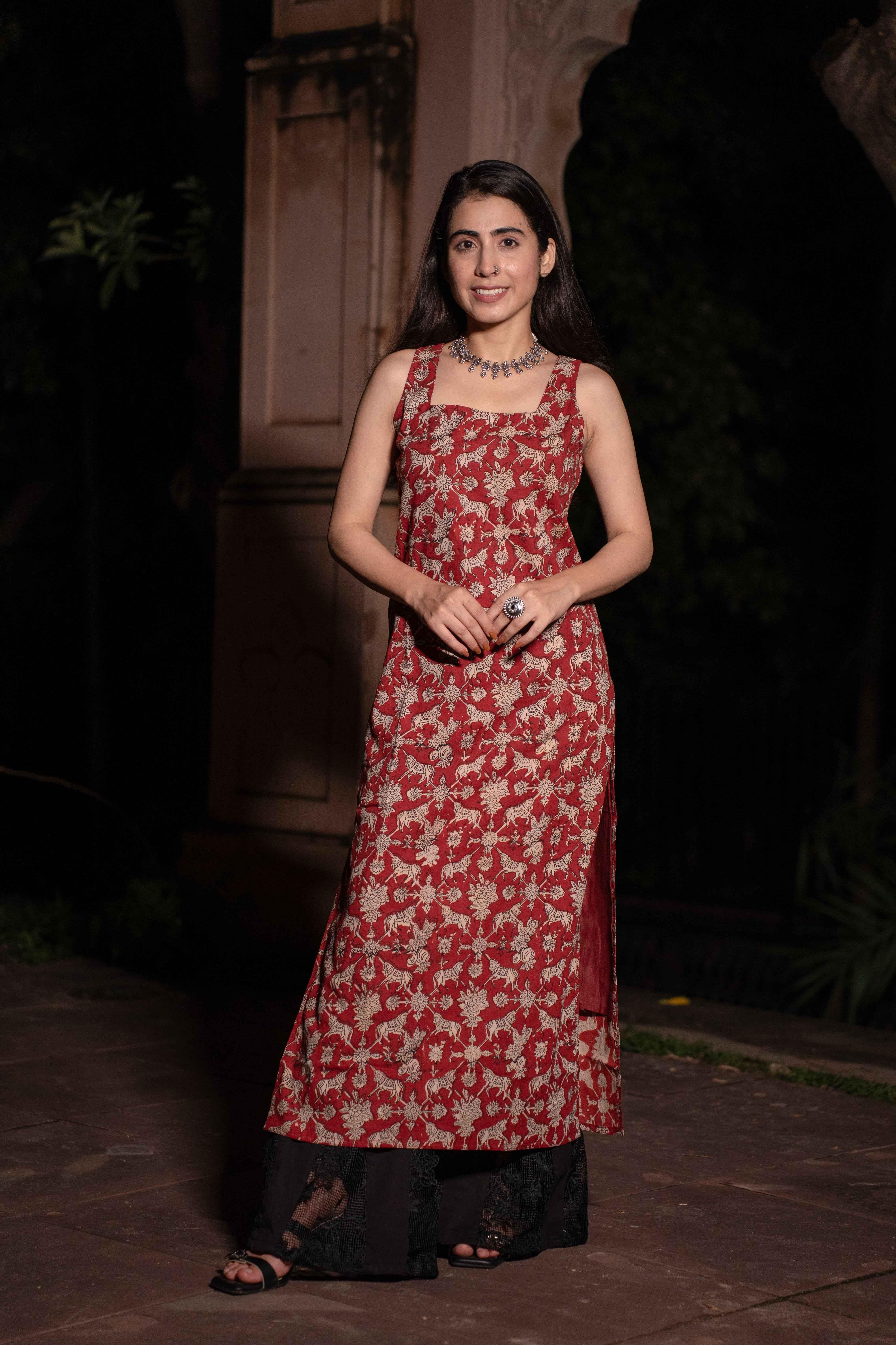 Sindhu Red Handblock Cotton Corset Long Kurti