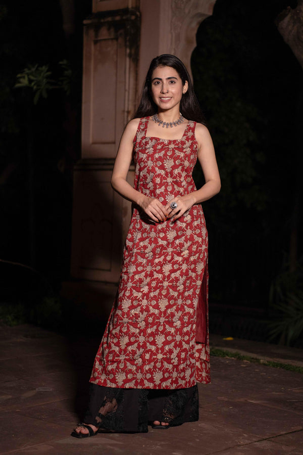 Sindhu Red Handblock Cotton Corset Long Kurti