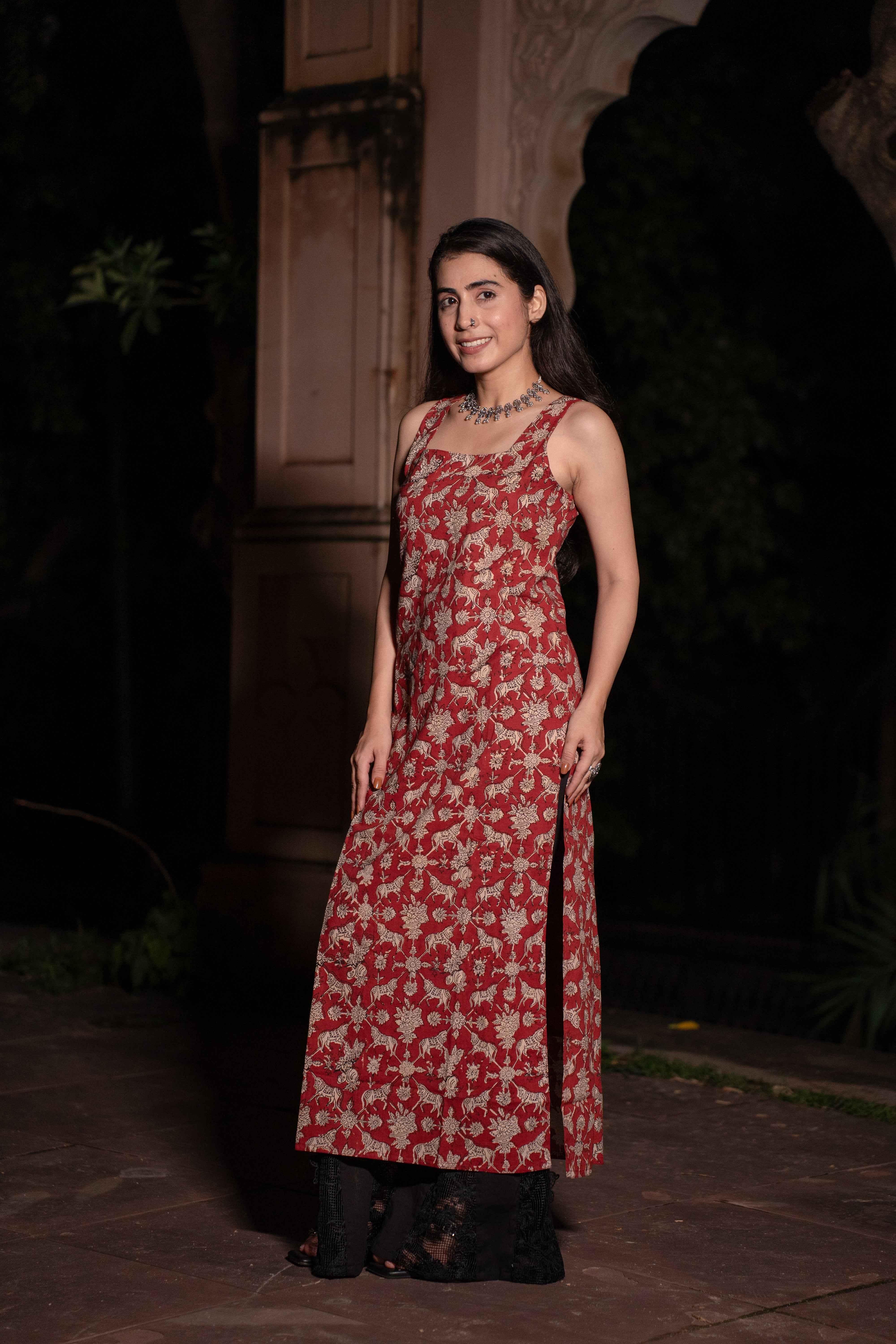 Sindhu Red Handblock Cotton Corset Long Kurti