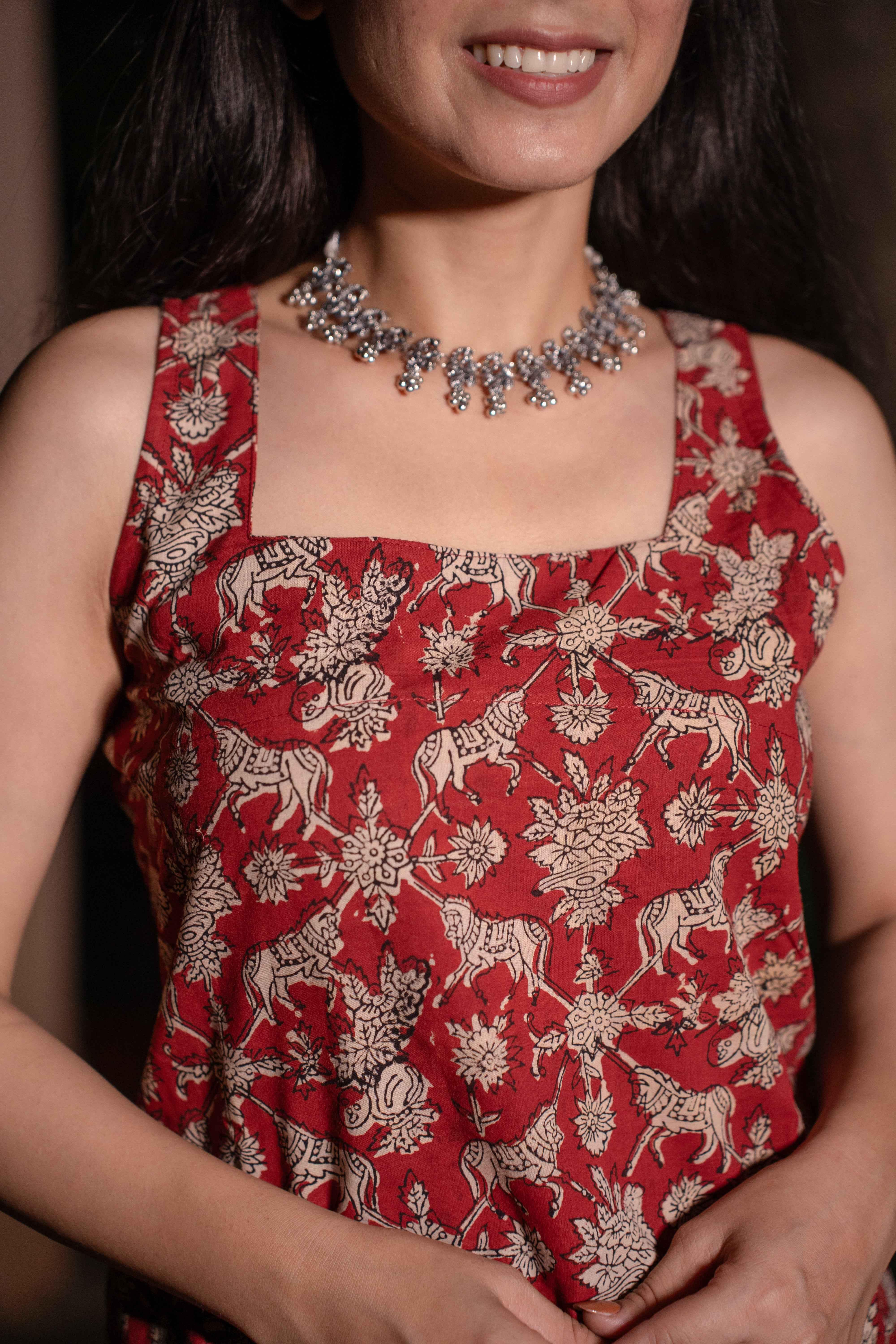 Sindhu Red Handblock Cotton Corset Long Kurti