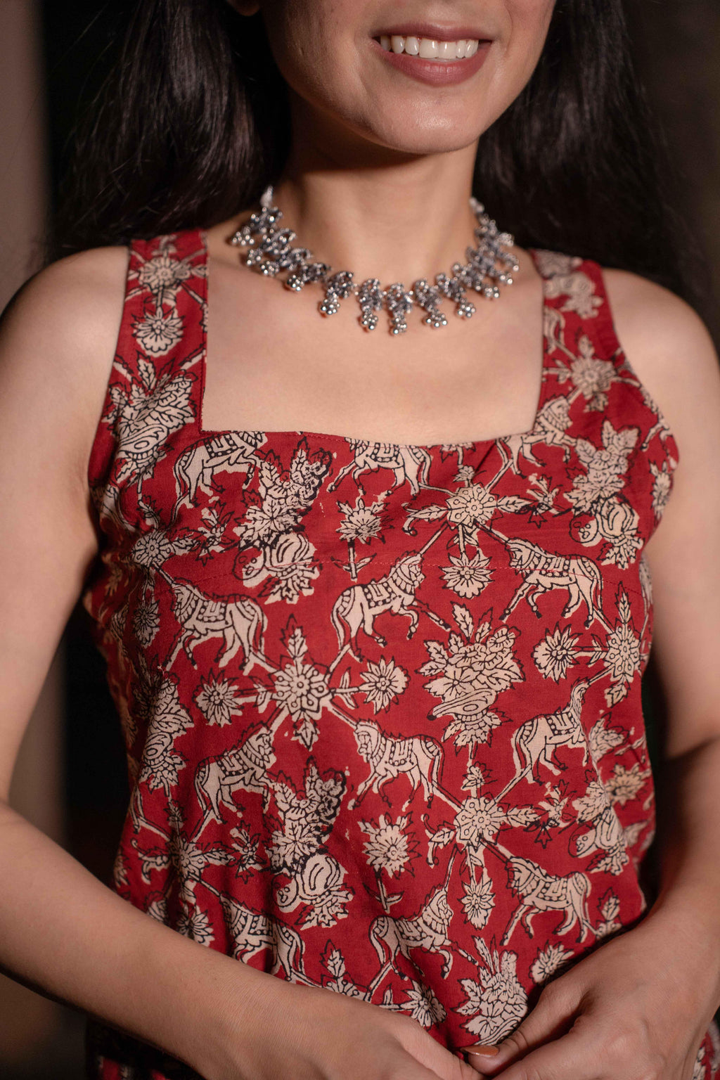 Sindhu Red Handblock Cotton Corset Long Kurti