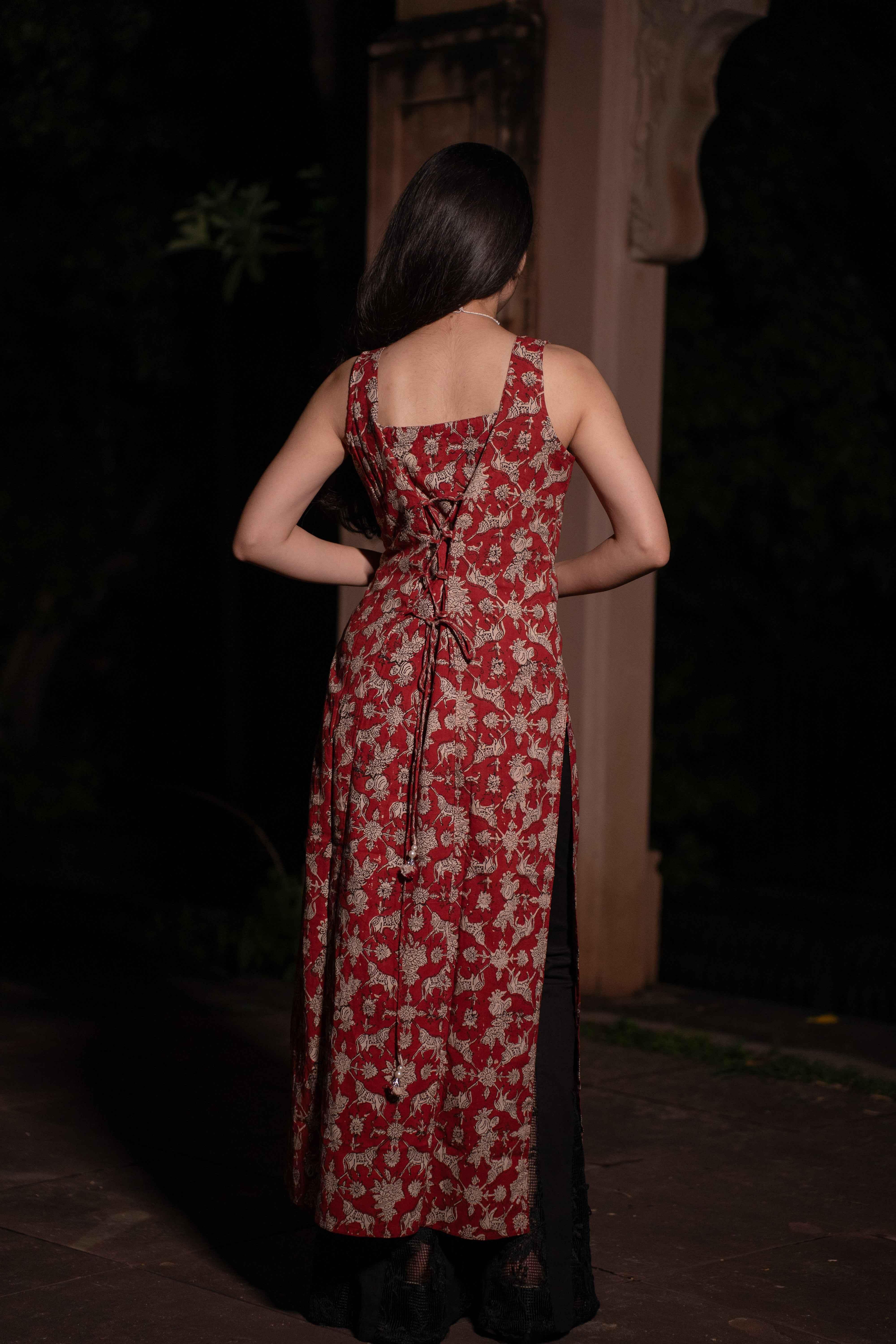 Sindhu Red Handblock Cotton Corset Long Kurti