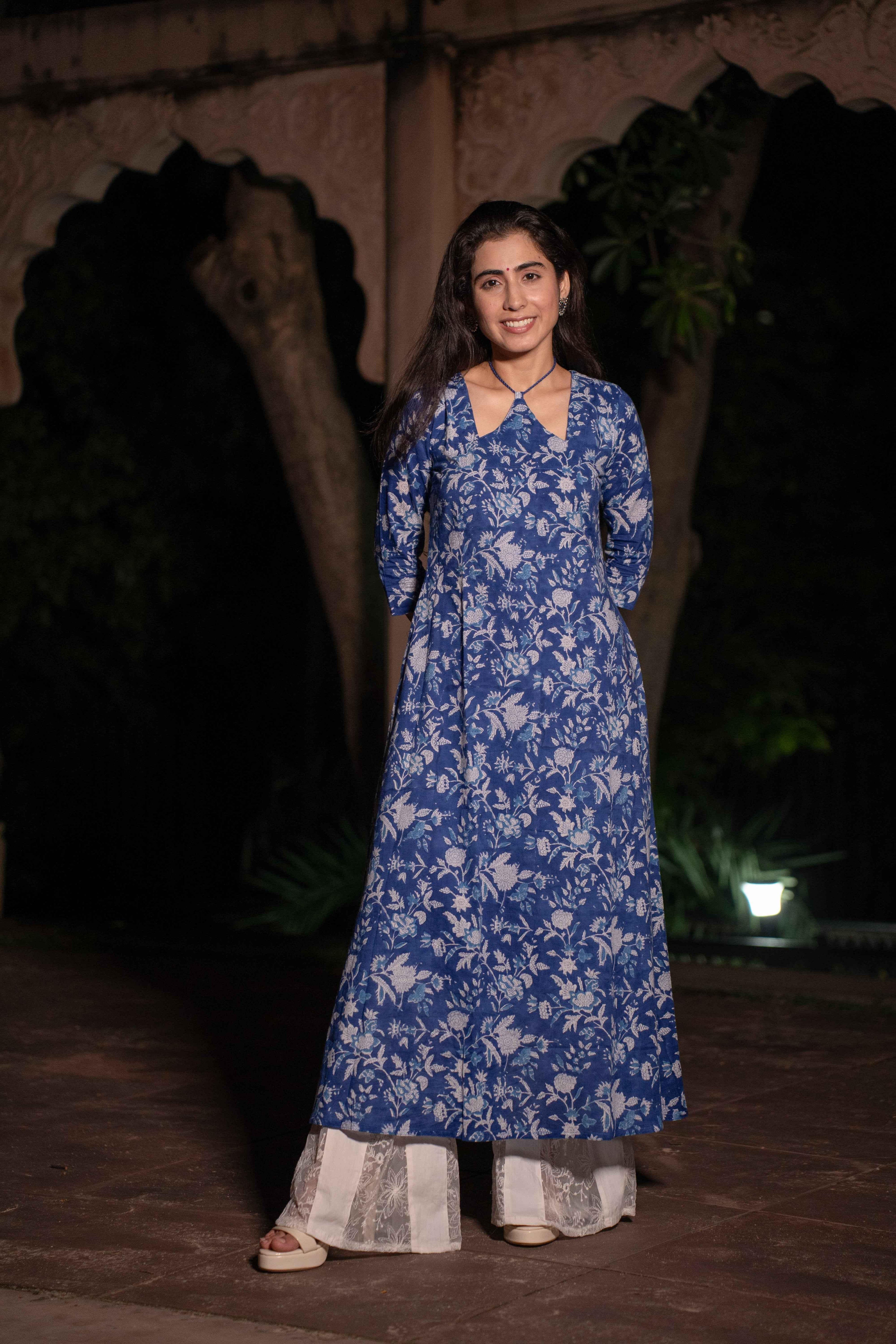 Neelthara Blue Handblock Cotton Long Kurti