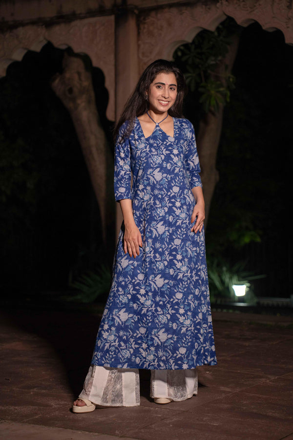 Neelthara Blue Handblock Cotton Long Kurti