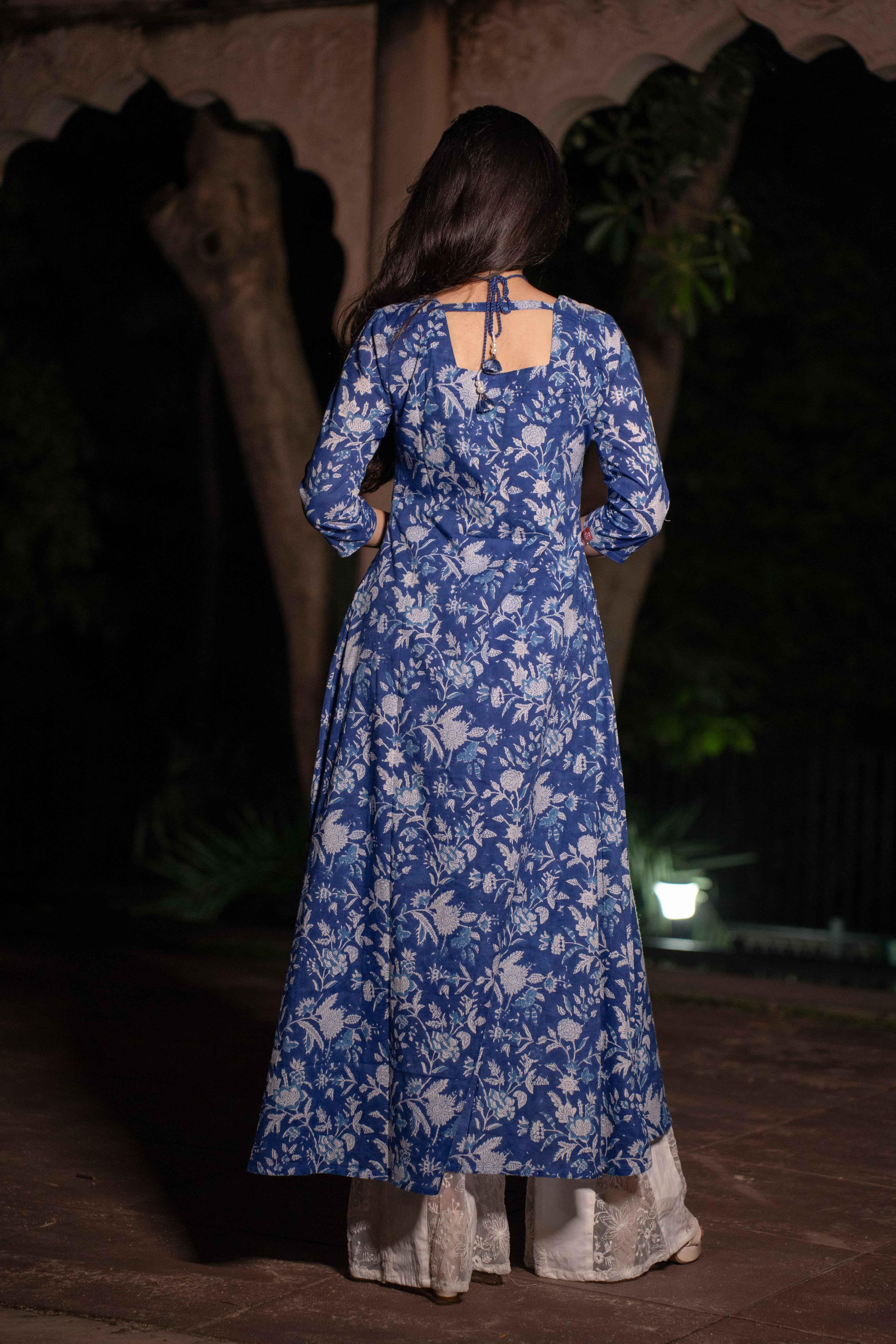 Neelthara Blue Handblock Cotton Long Kurti