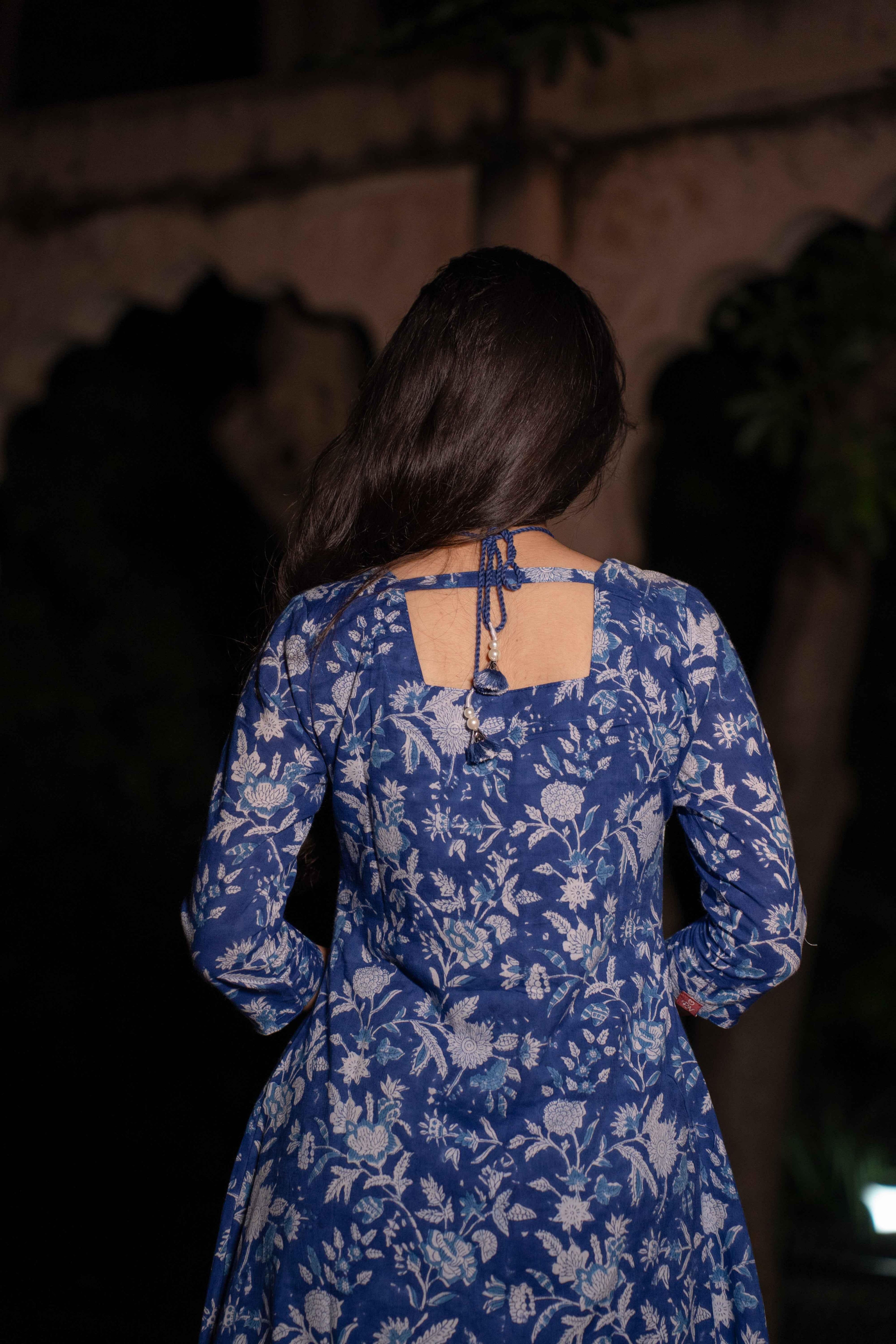 Neelthara Blue Handblock Cotton Long Kurti