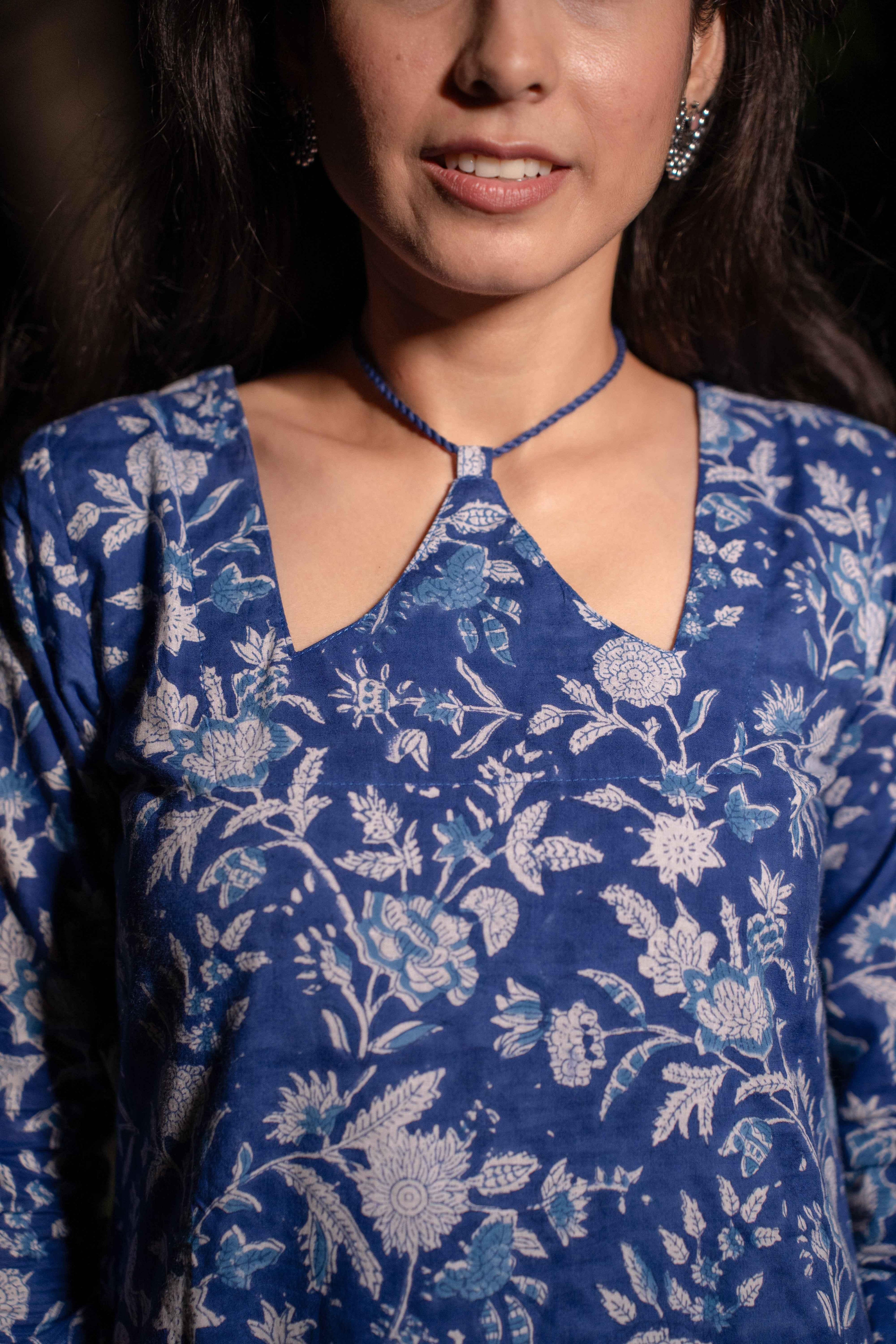 Neelthara Blue Handblock Cotton Long Kurti