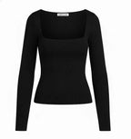 Black Ribbed Square Neck Full Sleeve Top