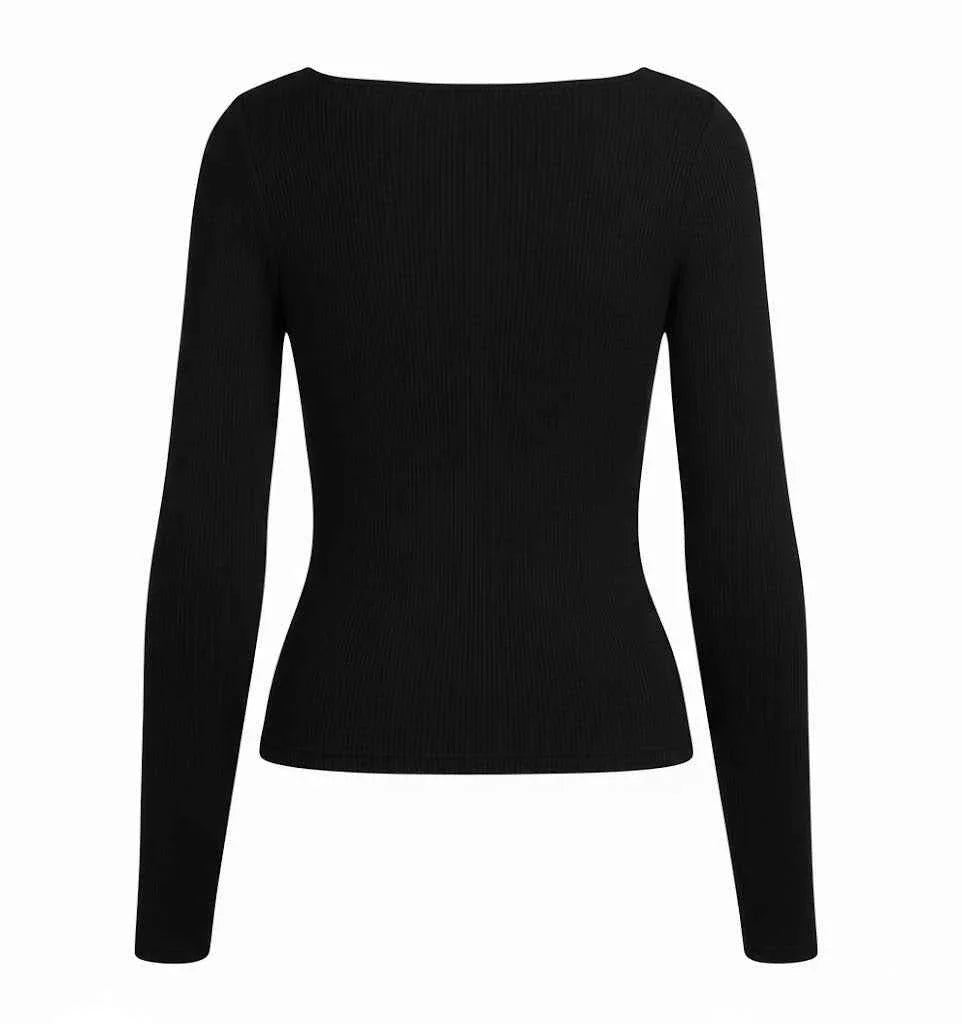 Black Ribbed Square Neck Full Sleeve Top