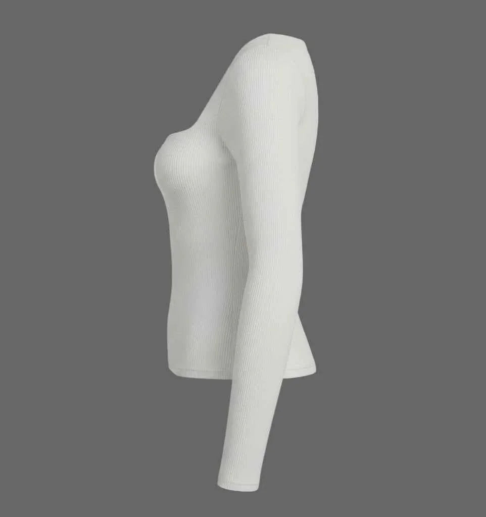 White Ribbed Square Neck Long Sleeve Top
