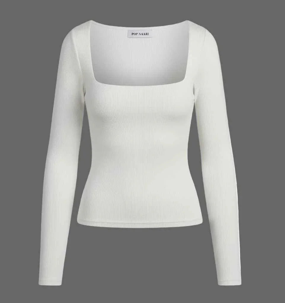 White Ribbed Square Neck Long Sleeve Top