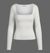 White Ribbed Square Neck Long Sleeve Top