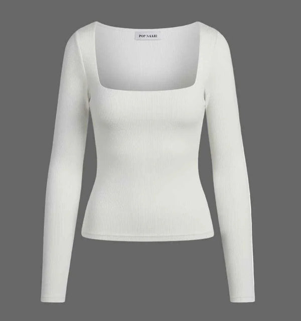 White Ribbed Square Neck Long Sleeve Top