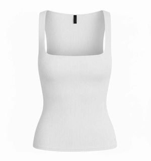 White Ribbed Square Neck Tank Top