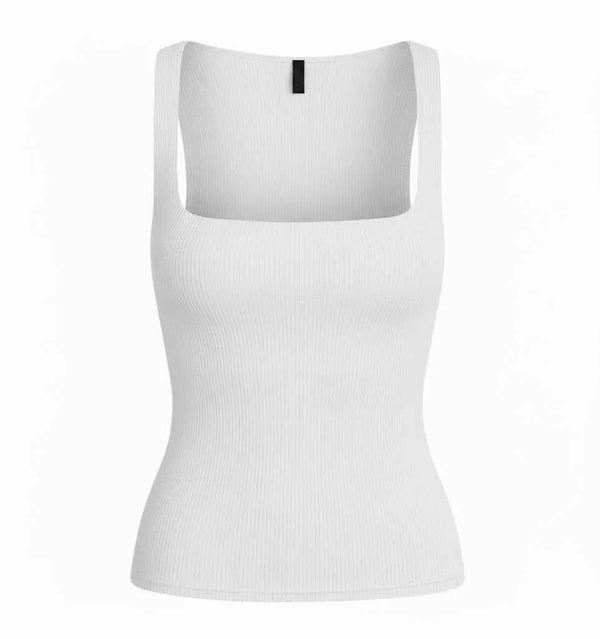 White Ribbed Square Neck Tank Top