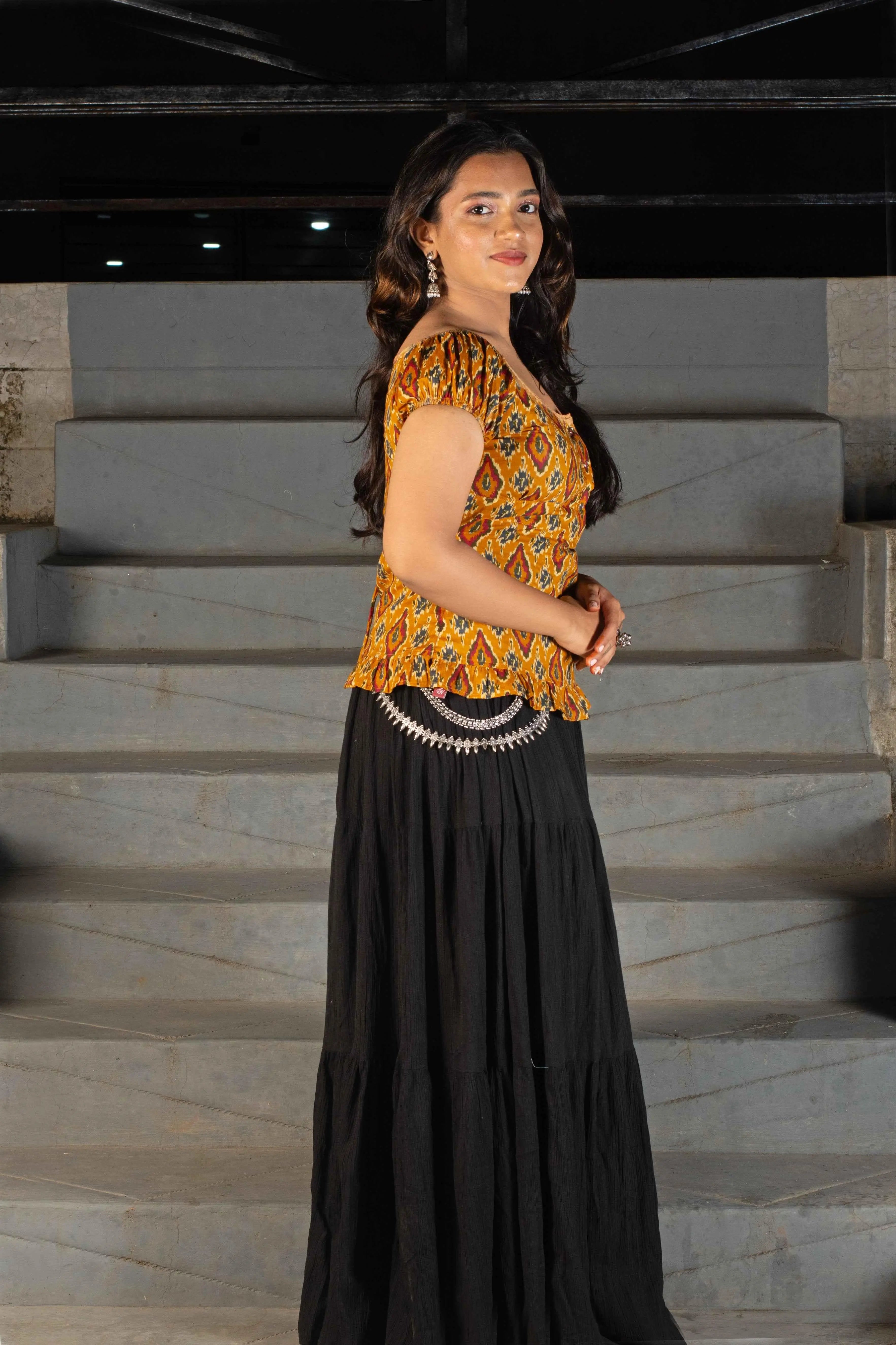 Handblock cotton Indo-fusion top styled with black skirt pop naar